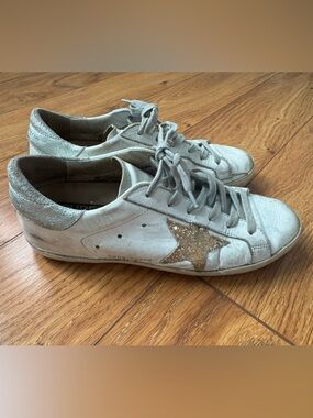 Authentic Golden Goose White Leather Sneakers with Gold Glitter Star